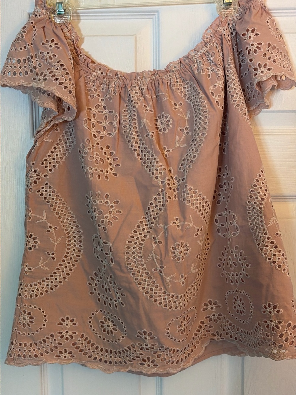 gathered Shoulder for off/ on look.  Eyelet lace overlay Top in Blush Pink